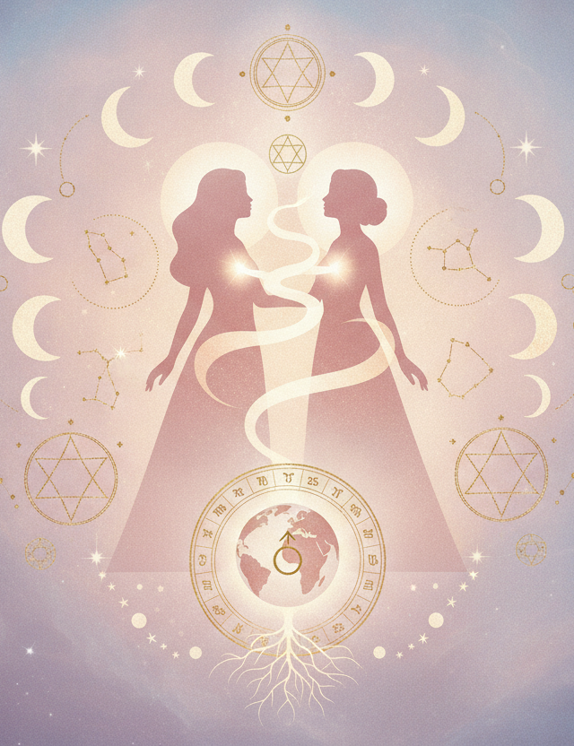 Ilustração etérea de astrologia da nova era, com cores pastel suaves e detalhes dourados, mostrando a silhueta de uma mulher abraçando uma esfera celestial brilhante, simbolizando a conexão com seu Ascendente e a vida amorosa.