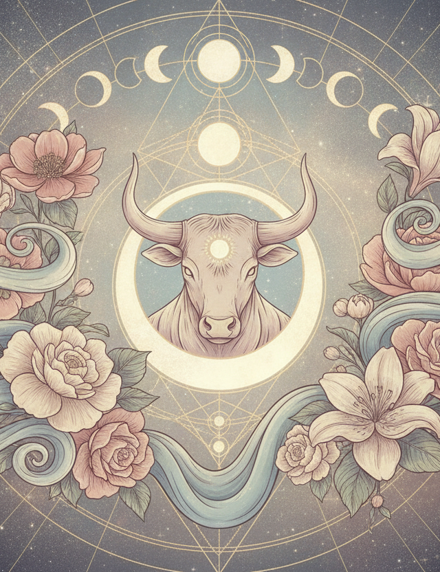Ilustração etérea de uma mulher meditando em um jardim exuberante sob a lua cheia, com o símbolo de Touro integrado à natureza, em tons pastel e dourado.