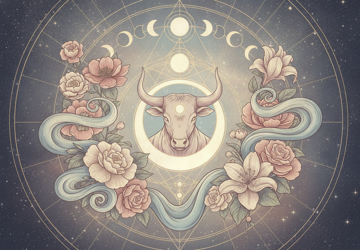 Ilustração etérea de uma mulher meditando em um jardim exuberante sob a lua cheia, com o símbolo de Touro integrado à natureza, em tons pastel e dourado.
