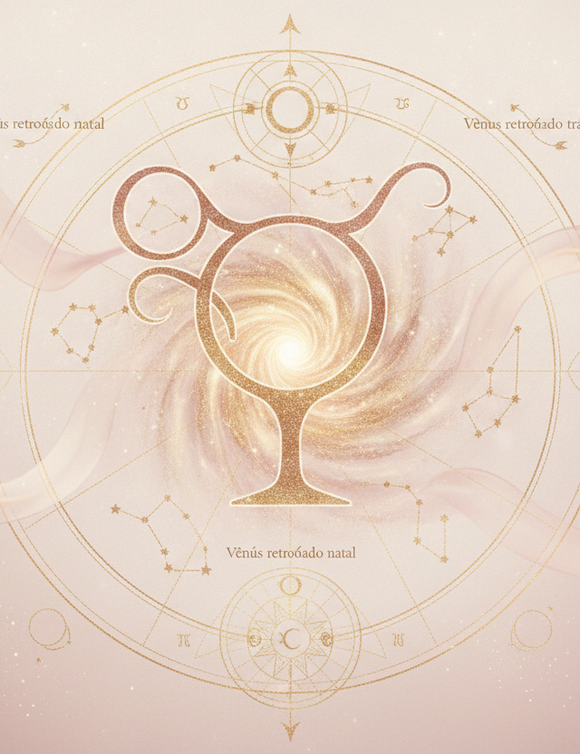 Ilustração etérea de astrologia com o símbolo de Vênus e um 'R' indicando retrogradação, em tons pastel e dourado, com uma figura feminina meditando ao fundo, conectando-se com as energias cósmicas para autoconhecimento.