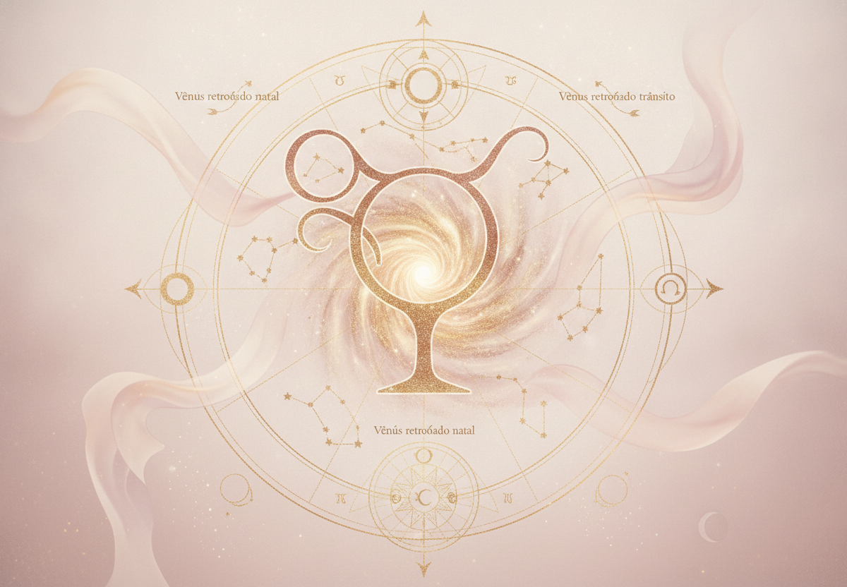 Ilustração etérea de astrologia com o símbolo de Vênus e um 'R' indicando retrogradação, em tons pastel e dourado, com uma figura feminina meditando ao fundo, conectando-se com as energias cósmicas para autoconhecimento.