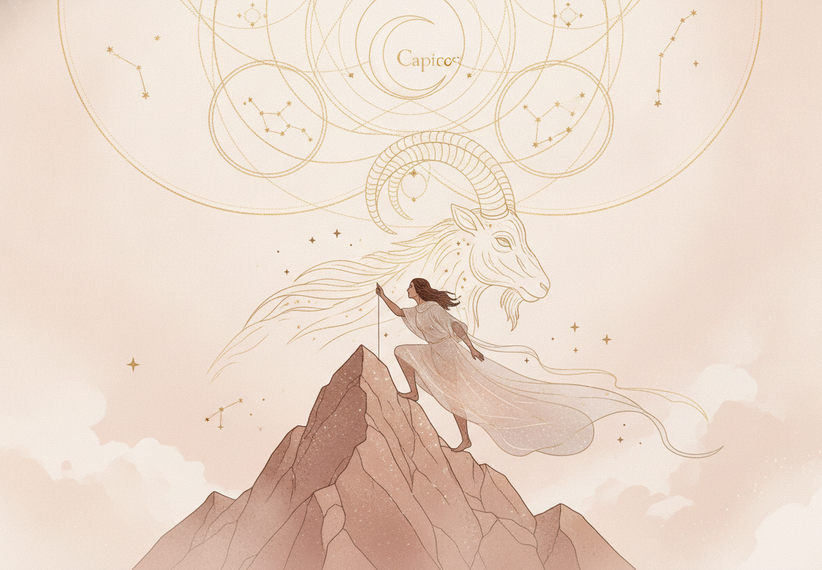 Ilustração etérea de astrologia Nova Era com cores pastel suaves e detalhes dourados, mostrando uma figura determinada escalando um pico de montanha, com o símbolo de cabra de Capricórnio sutilmente integrado, evocando misticismo e sonho.