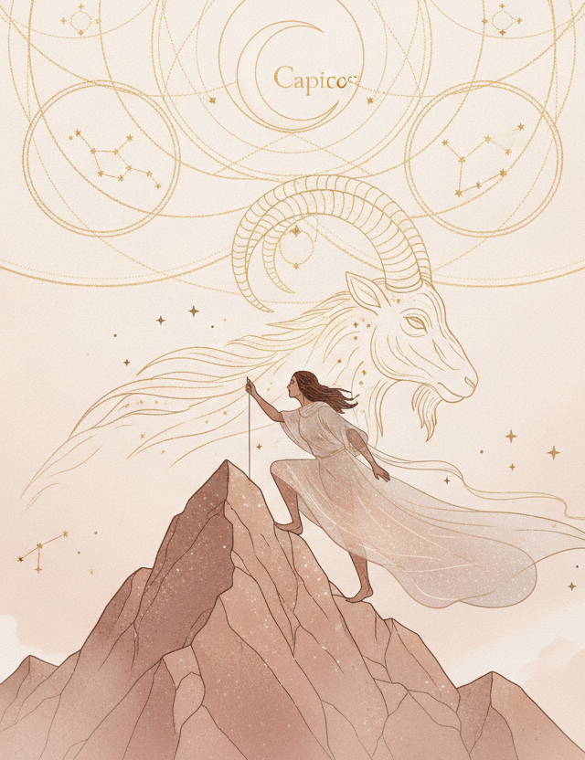 Ilustração etérea de astrologia Nova Era com cores pastel suaves e detalhes dourados, mostrando uma figura determinada escalando um pico de montanha, com o símbolo de cabra de Capricórnio sutilmente integrado, evocando misticismo e sonho.