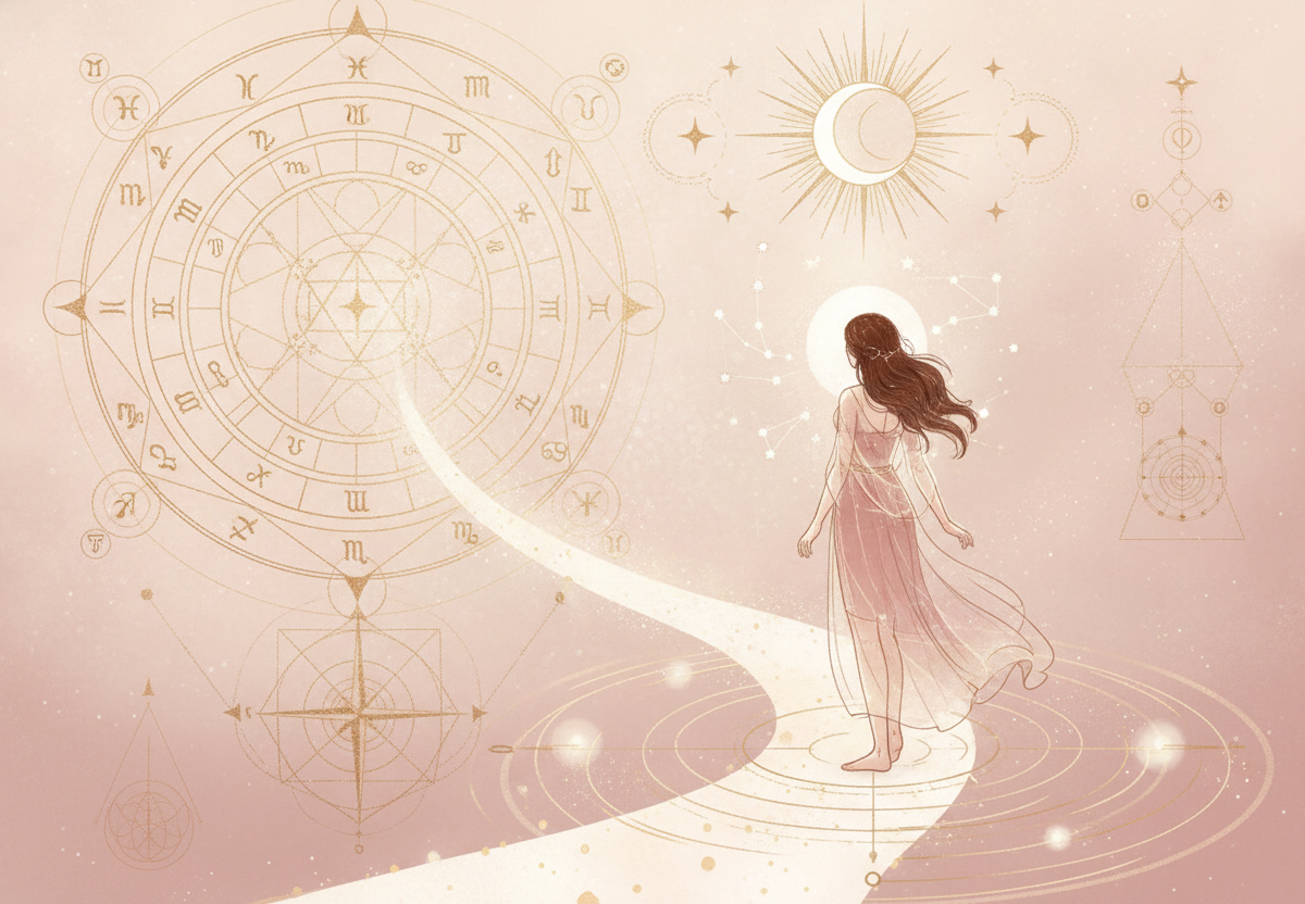 Ilustração etérea de astrologia da nova era, com cores pastéis suaves e detalhes dourados, mostrando uma mulher observando um mapa astral com signos do zodíaco e uma seta indicando o horizonte, simbolizando a descoberta do ascendente online grátis.