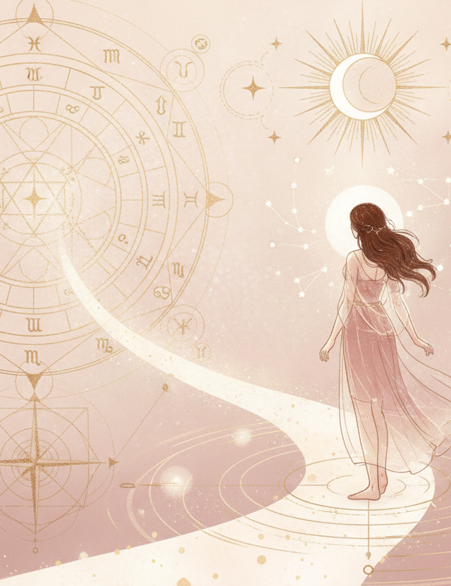 Ilustração etérea de astrologia da nova era, com cores pastéis suaves e detalhes dourados, mostrando uma mulher observando um mapa astral com signos do zodíaco e uma seta indicando o horizonte, simbolizando a descoberta do ascendente online grátis.