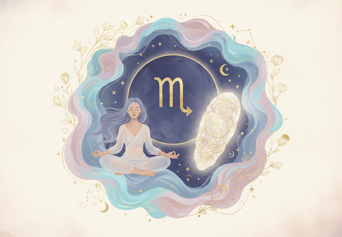 Ilustração etérea e mística da Lua em Escorpião no mapa astral, com tons pastel, detalhes dourados e símbolos de transformação e profundidade emocional.