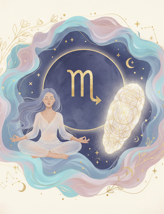 Ilustração etérea e mística da Lua em Escorpião no mapa astral, com tons pastel, detalhes dourados e símbolos de transformação e profundidade emocional.