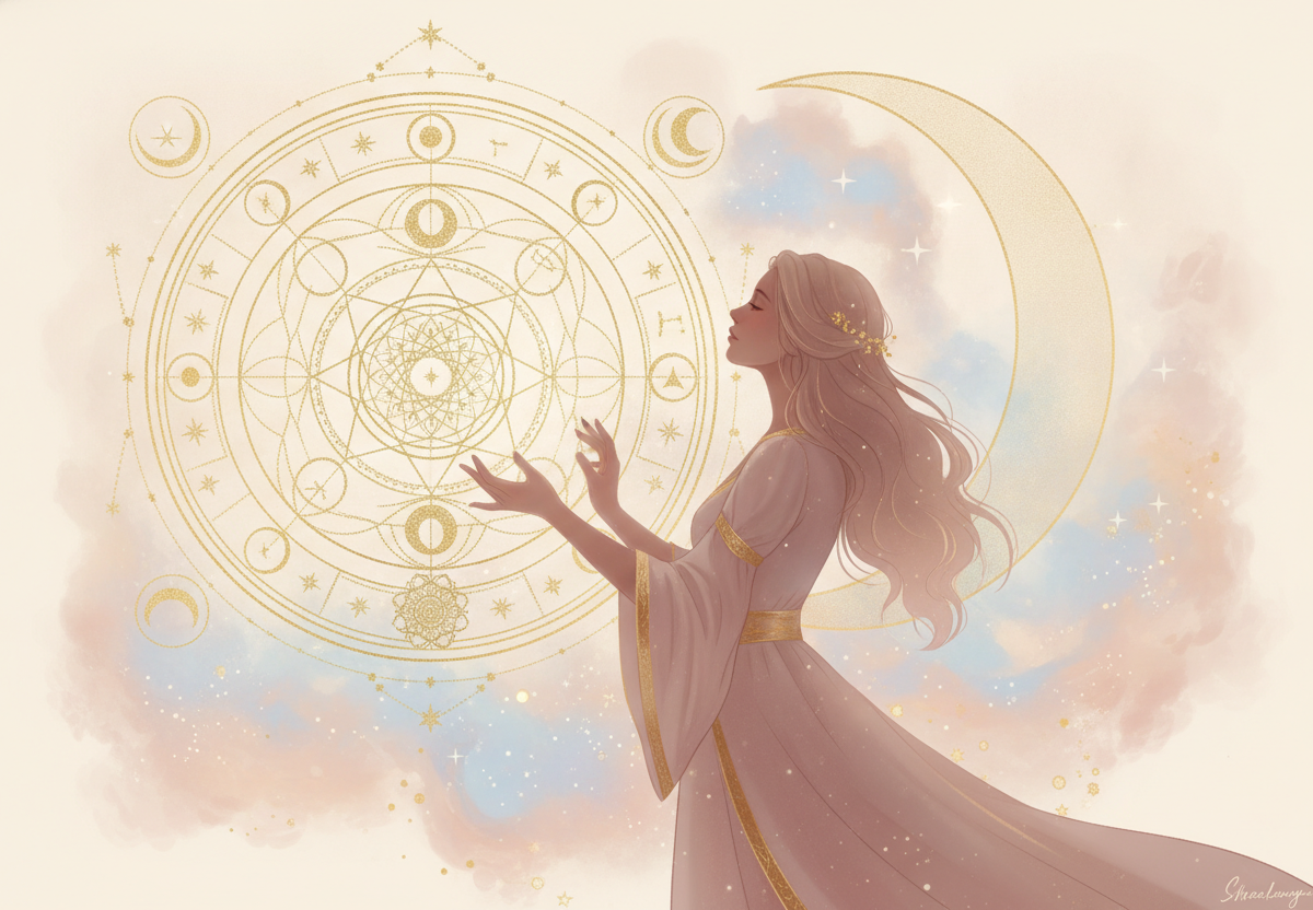 Ilustração etérea de astrologia Nova Era com cores suaves e detalhes dourados, mostrando a silhueta de uma mulher contemplando uma mandala astral cósmica brilhante, evocando autoconhecimento e propósito.