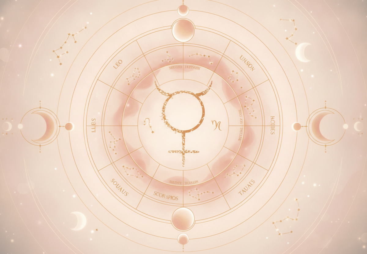Ilustração etérea de Vênus retrógrado sobre um mapa astral, com tons pastéis e detalhes dourados, simbolizando a introspecção.