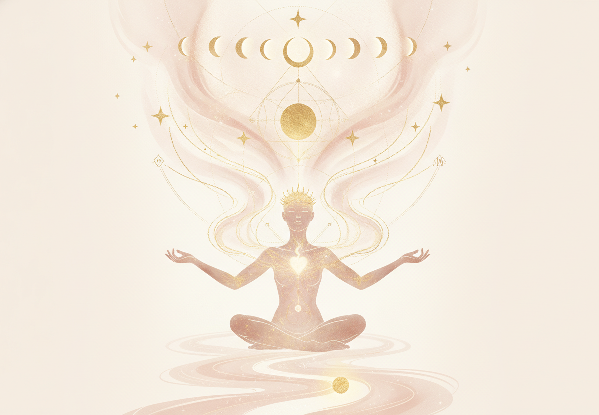 Ilustração etérea de mapa astral da Nova Era, com tons pastel suaves e detalhes dourados, simbolizando a jornada da alma e o autoconhecimento.