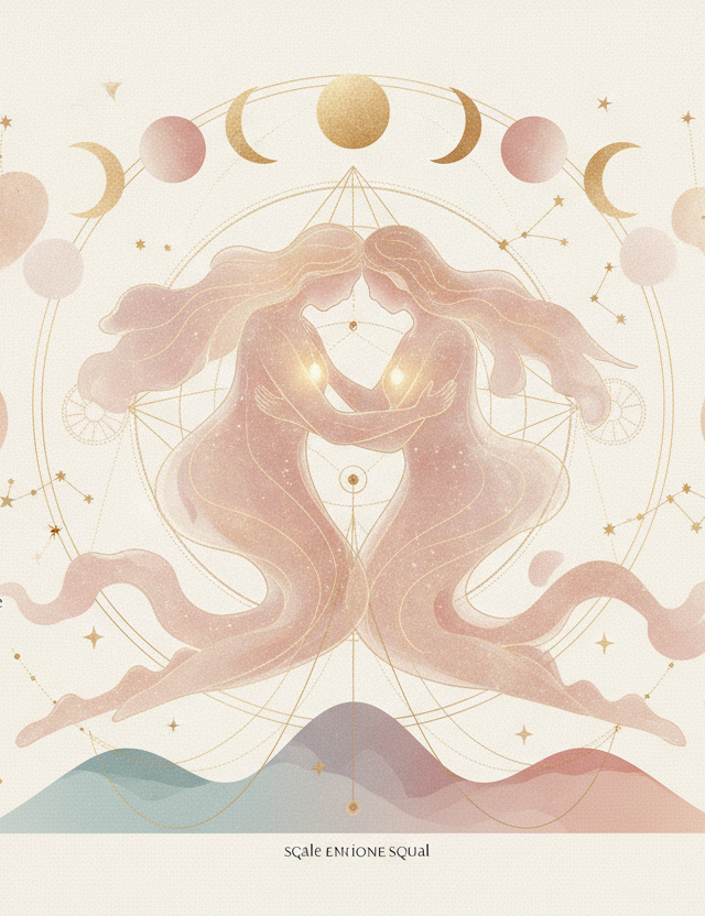 Ilustração etérea de astrologia da nova era com cores pastel suaves e detalhes dourados, mostrando mãos de um casal se tocando suavemente em meio a corpos celestes e uma galáxia, simbolizando conexão e propósito nos relacionamentos.