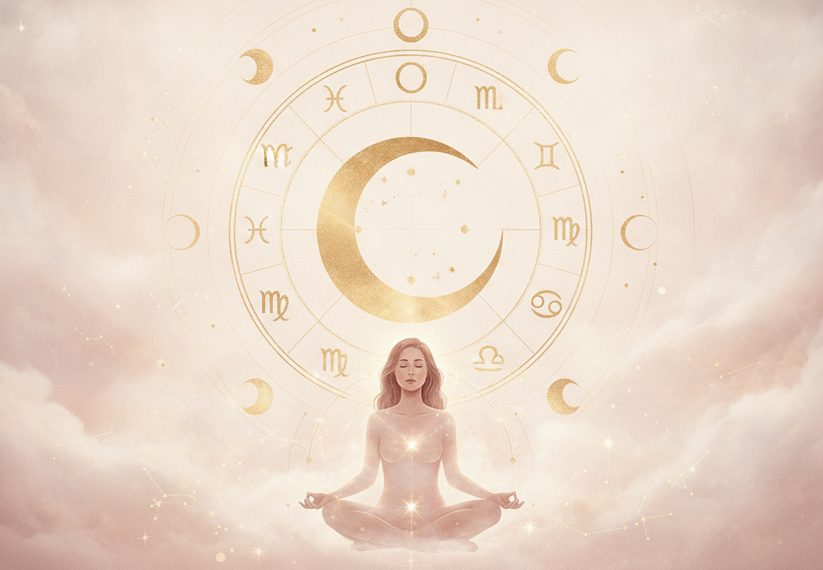 Ilustração etérea de uma lua crescente em tons pastel e dourados, simbolizando a profundidade emocional e a intuição no mapa astral. Uma roda astrológica sutil ao fundo.