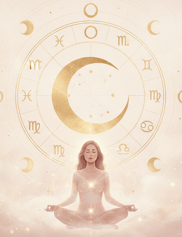 Ilustração etérea de uma lua crescente em tons pastel e dourados, simbolizando a profundidade emocional e a intuição no mapa astral. Uma roda astrológica sutil ao fundo.