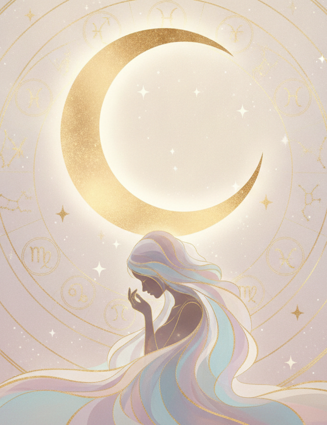 Ilustração etérea de astrologia Nova Era com lua crescente, símbolos celestes e cores pastéis suaves, representando a sensibilidade emocional.