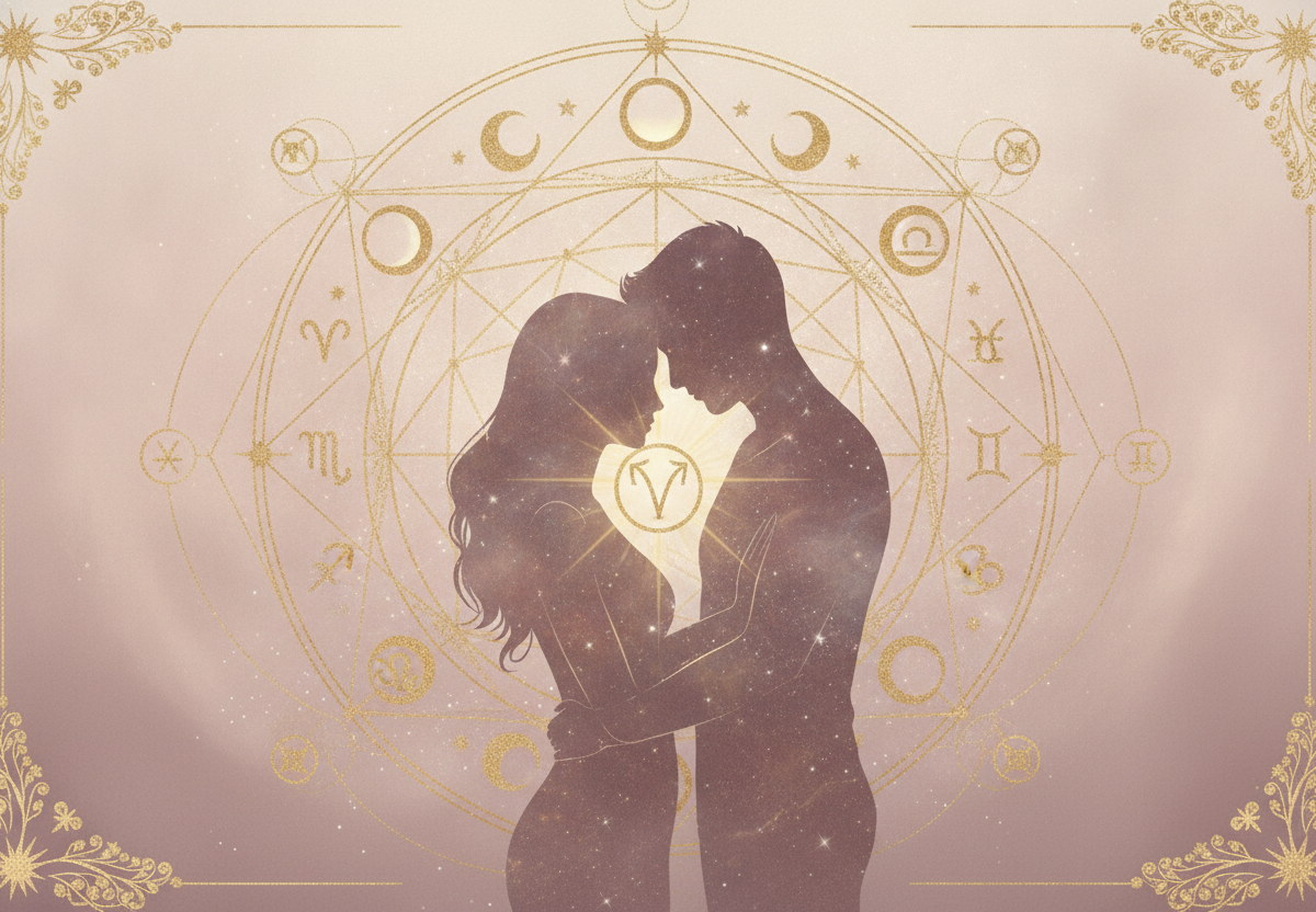 Ilustração etérea de astrologia da Nova Era com silhueta feminina, linhas energéticas e símbolos cósmicos, representando a primeira impressão e atração nos relacionamentos, com cores pastel suaves e detalhes dourados.