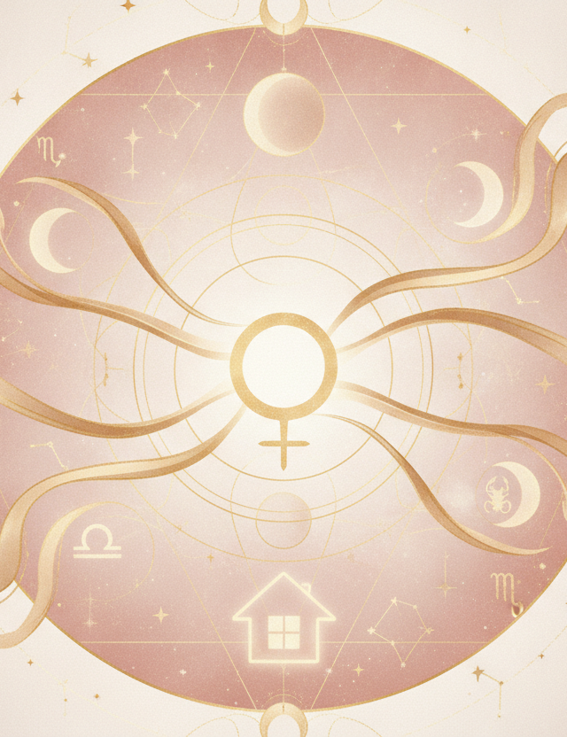 Ilustração etérea e mística do símbolo de Vênus em tons pastel, com detalhes dourados, representando a frequência do amor no mapa astral e o autoconhecimento nos relacionamentos.