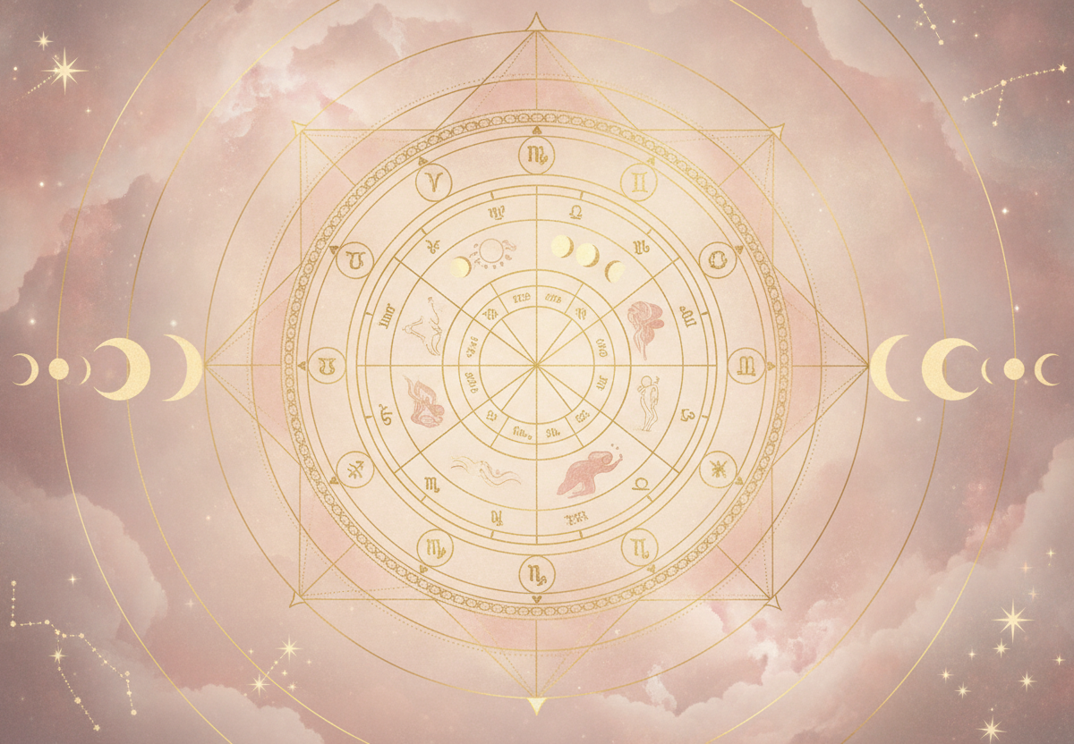 Ilustração etérea de mapa astral completo com tons pastel e detalhes dourados, simbolizando uma mulher em despertar espiritual e autoconhecimento cósmico.