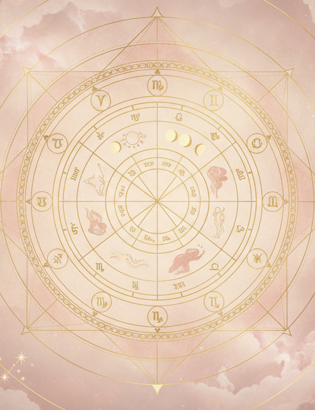 Ilustração etérea de mapa astral completo com tons pastel e detalhes dourados, simbolizando uma mulher em despertar espiritual e autoconhecimento cósmico.