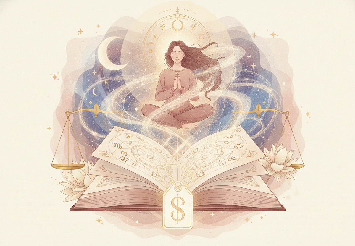 Ilustração etérea de astrologia Nova Era com cores pastel e detalhes dourados, mostrando uma mulher olhando um mapa astral brilhante, com linhas de energia místicas conectando as estrelas ao seu coração.
