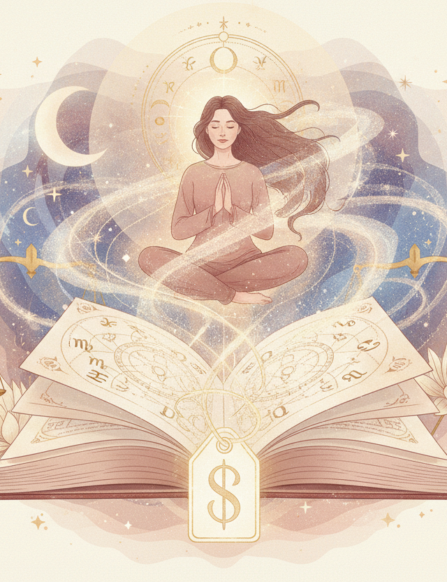 Ilustração etérea de astrologia Nova Era com cores pastel e detalhes dourados, mostrando uma mulher olhando um mapa astral brilhante, com linhas de energia místicas conectando as estrelas ao seu coração.