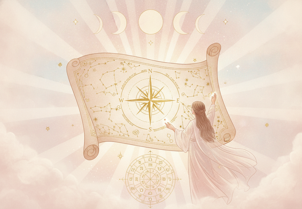 Ilustração etérea de astrologia Nova Era com uma mulher meditando e um mapa astral celestial ao fundo, em tons pastel suaves e detalhes dourados, transmitindo misticismo e sonho.