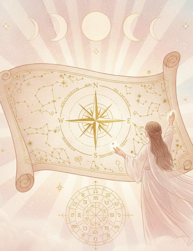 Ilustração etérea de astrologia Nova Era com uma mulher meditando e um mapa astral celestial ao fundo, em tons pastel suaves e detalhes dourados, transmitindo misticismo e sonho.