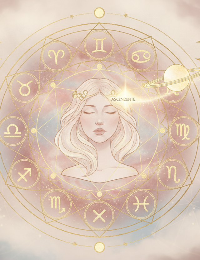 Ilustração etérea de uma mulher serena olhando um mapa astral luminoso, com tons pastel, dourados e elementos cósmicos.