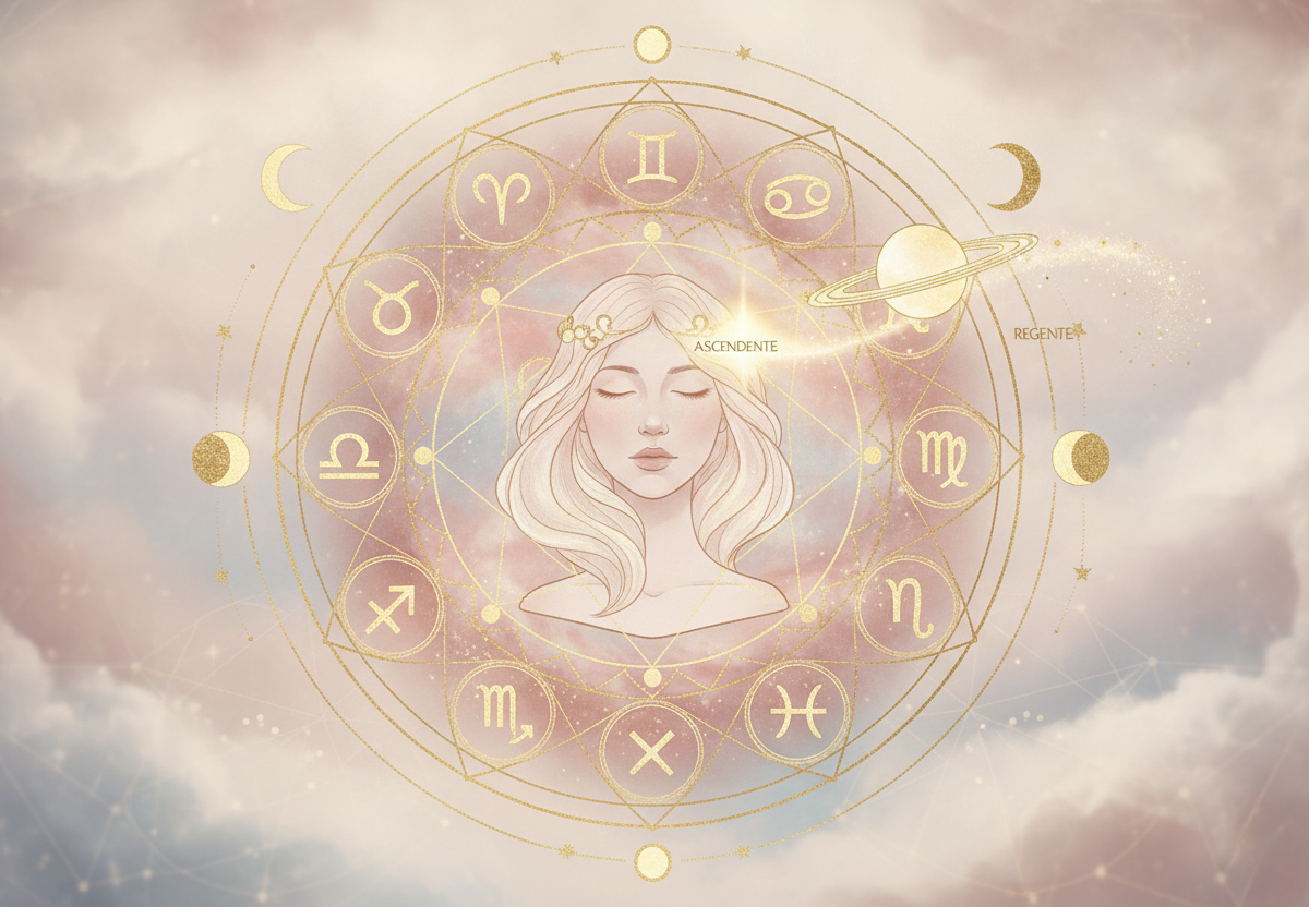 Ilustração etérea de uma mulher serena olhando um mapa astral luminoso, com tons pastel, dourados e elementos cósmicos.