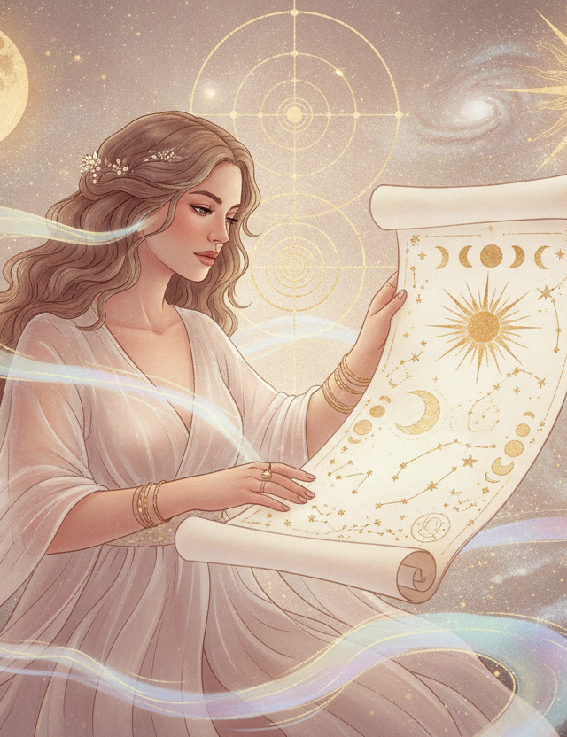 Ilustração etérea de uma mulher de olhos fechados, com constelações e símbolos astrológicos flutuando suavemente ao redor de sua cabeça, em tons pastel com detalhes dourados, transmitindo paz e autoconhecimento.
